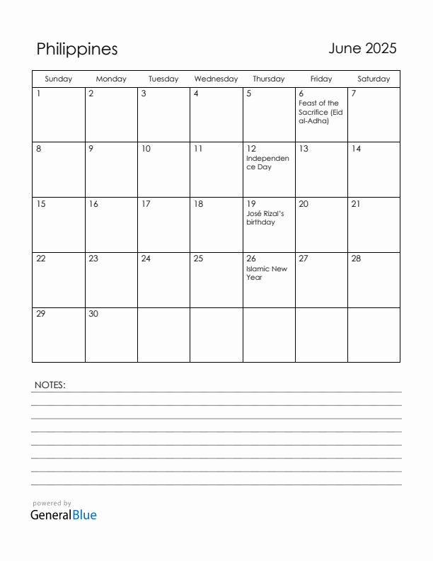 June 2025 Philippines Calendar with Holidays (Sunday Start)