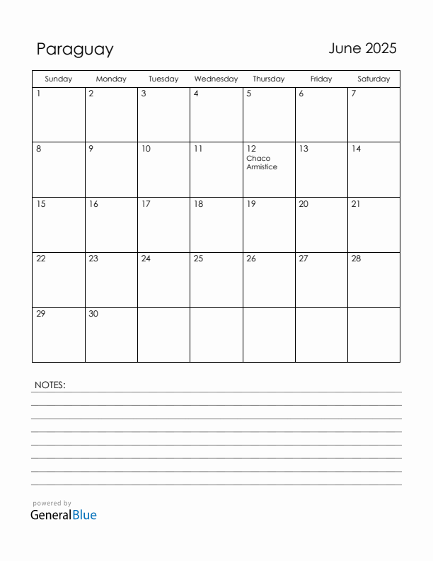 June 2025 Paraguay Calendar with Holidays (Sunday Start)