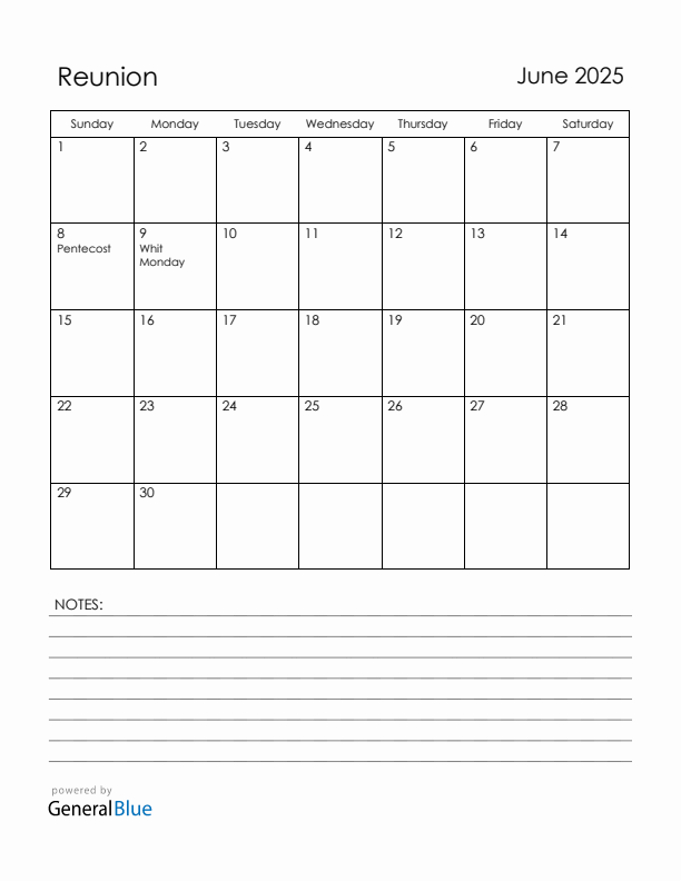 June 2025 Reunion Calendar with Holidays (Sunday Start)