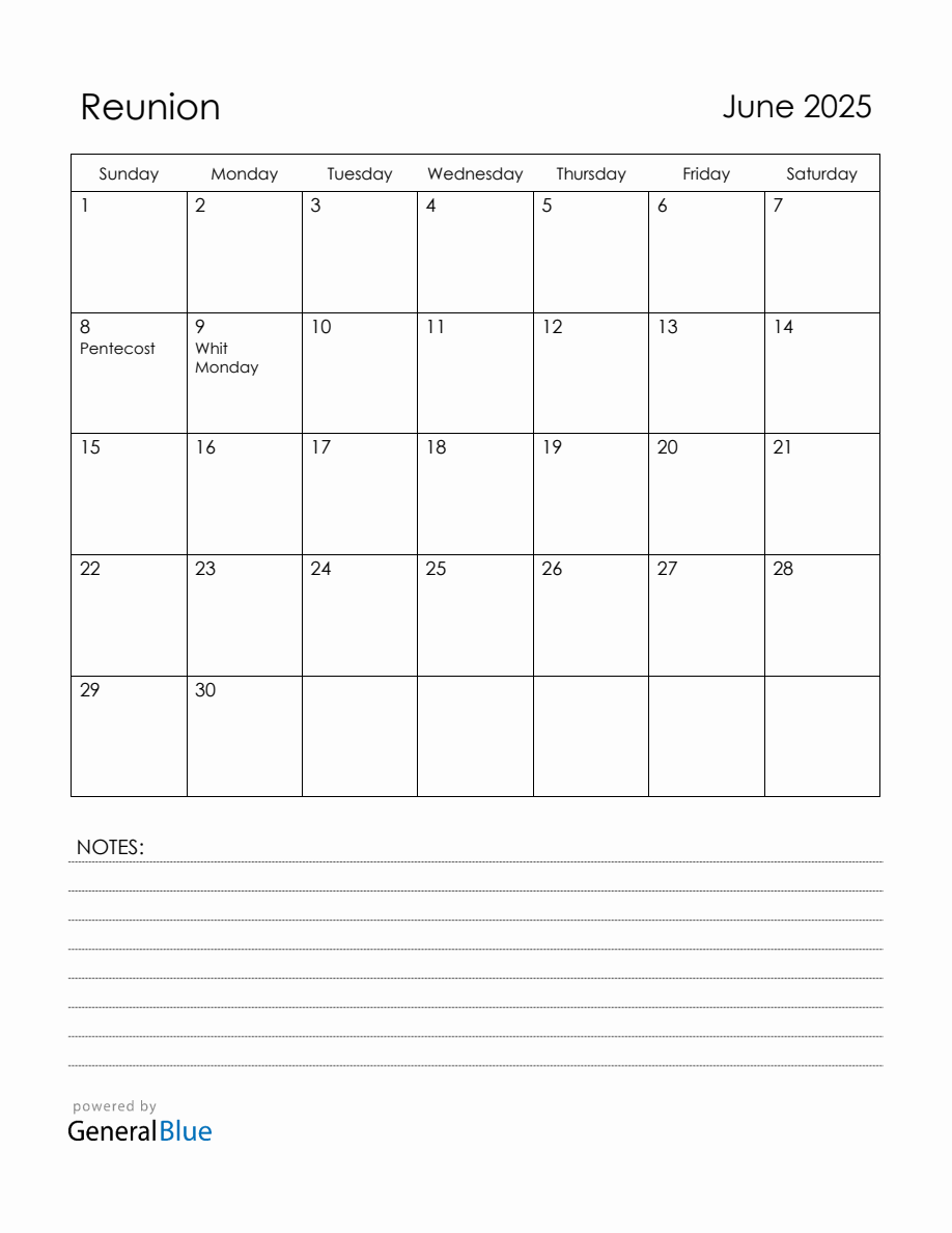 June 2025 Reunion Calendar with Holidays