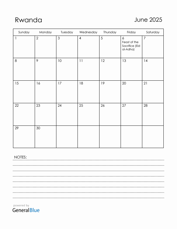 June 2025 Rwanda Calendar with Holidays (Sunday Start)