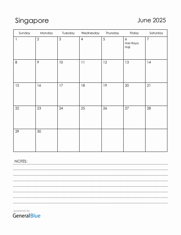 June 2025 Singapore Calendar with Holidays (Sunday Start)