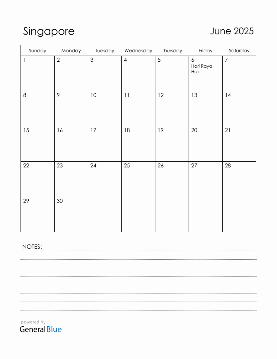 June 2025 Singapore Calendar with Holidays