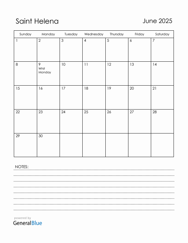 June 2025 Saint Helena Calendar with Holidays (Sunday Start)