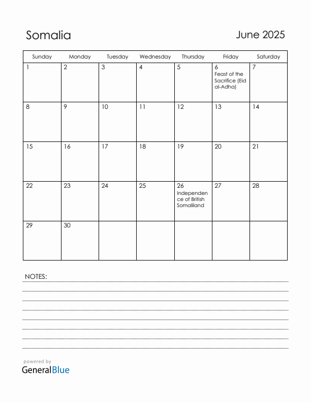 June 2025 Somalia Calendar with Holidays (Sunday Start)