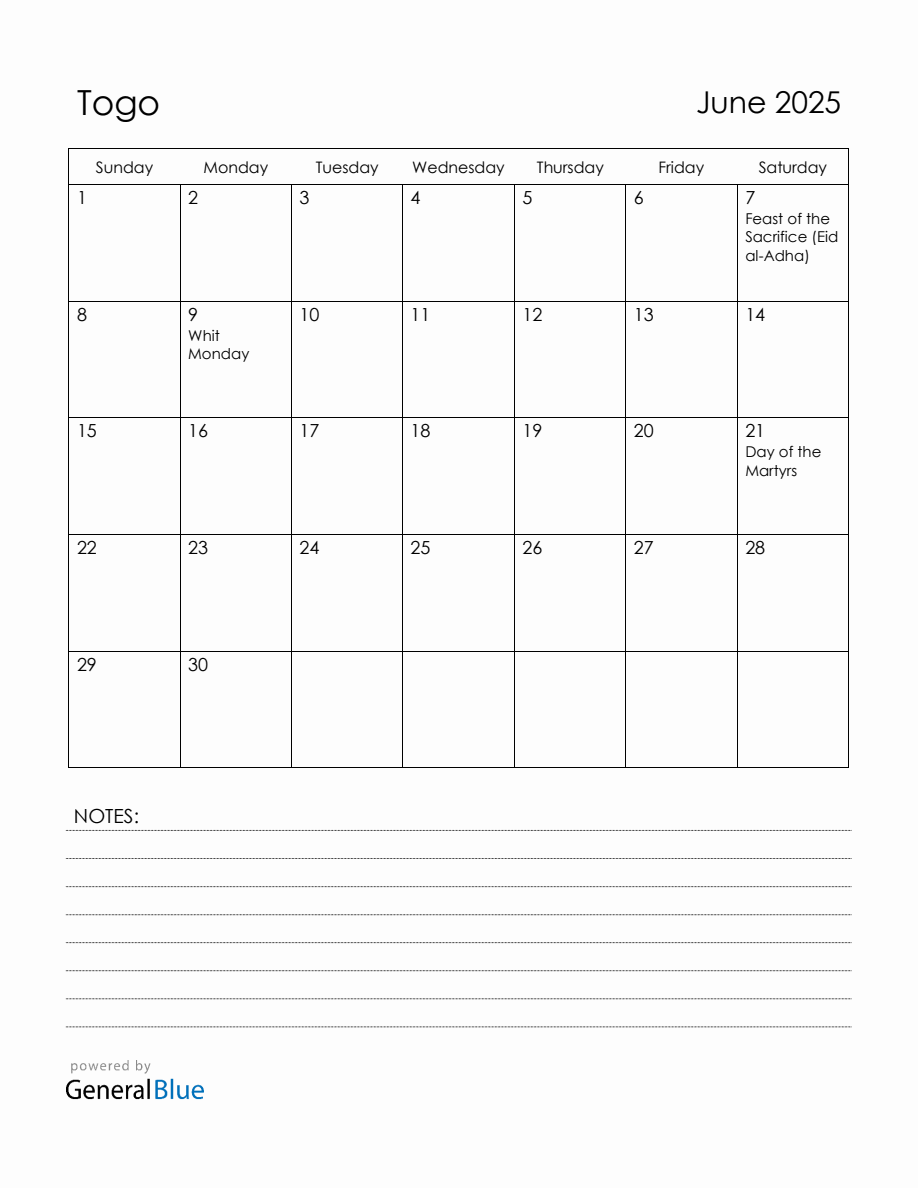 June 2025 Togo Calendar with Holidays