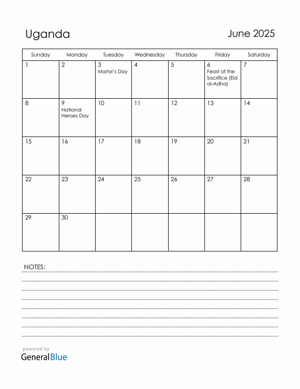 June 2025 Uganda Calendar with Holidays (Sunday Start)