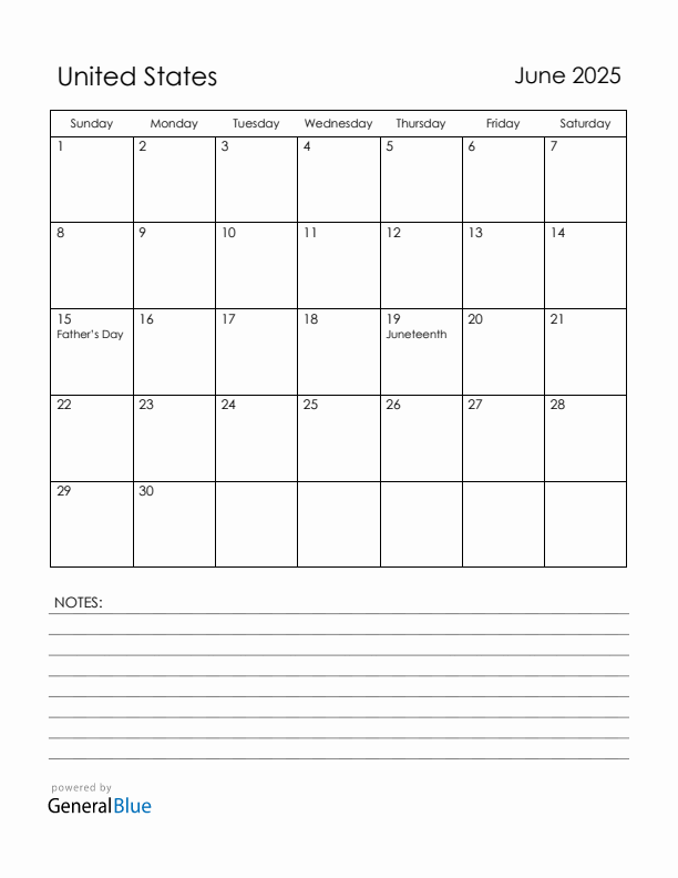 June 2025 United States Calendar with Holidays (Sunday Start)