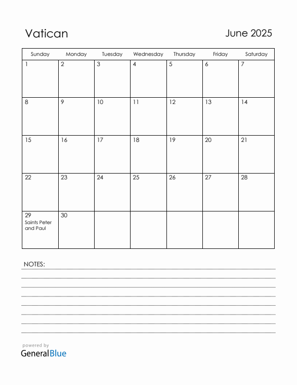 June 2025 Vatican Calendar with Holidays (Sunday Start)