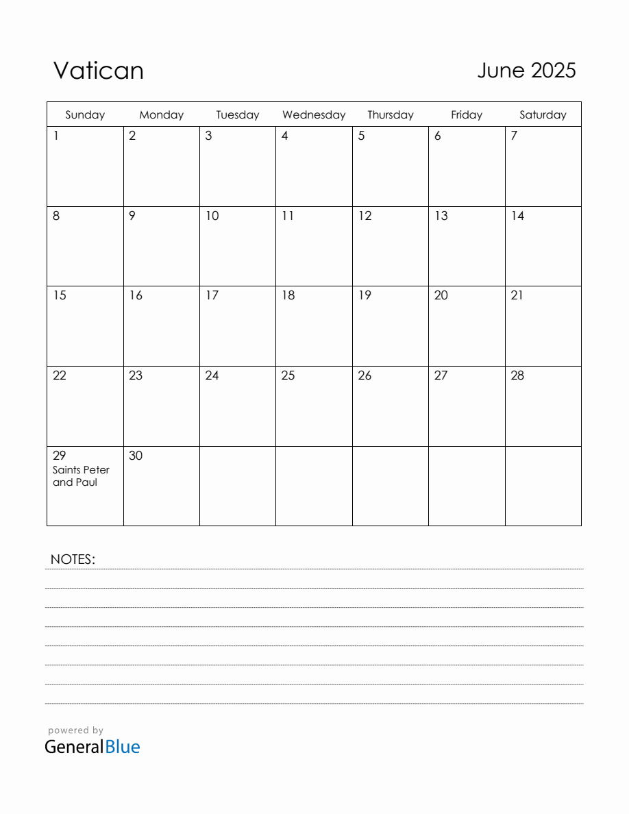 June 2025 Vatican Calendar with Holidays