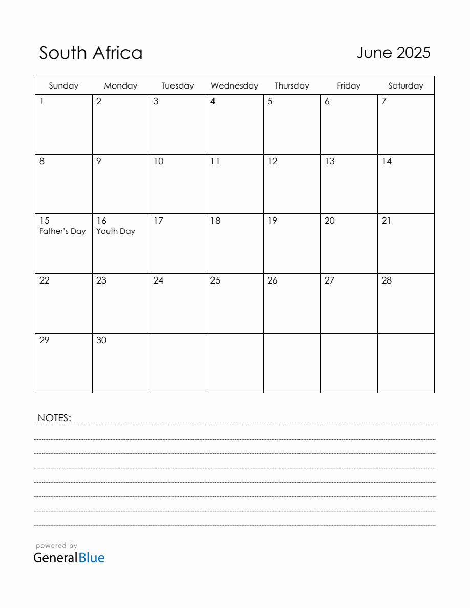 June 2025 South Africa Calendar with Holidays