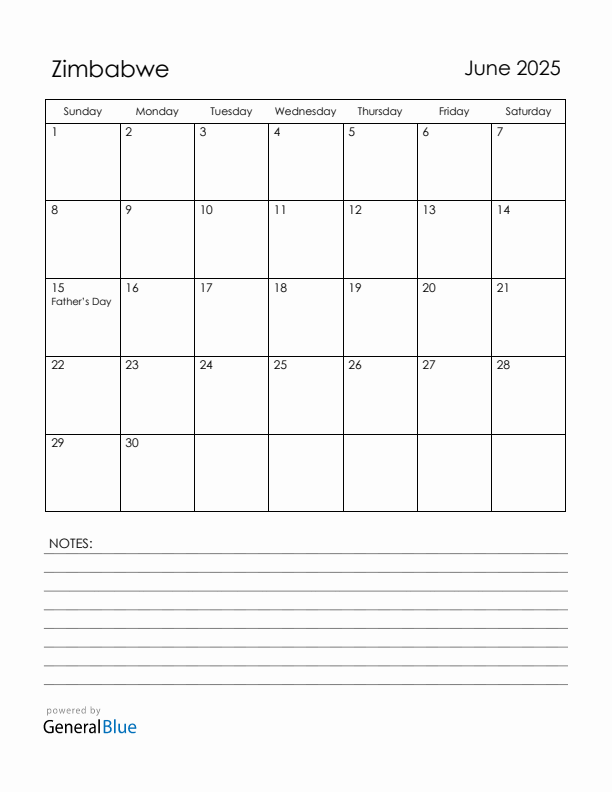 June 2025 Zimbabwe Calendar with Holidays (Sunday Start)