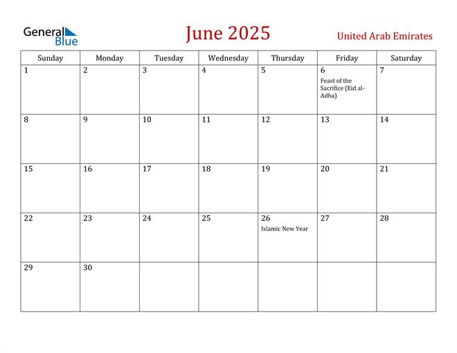June 2025 Calendar with United Arab Emirates Holidays