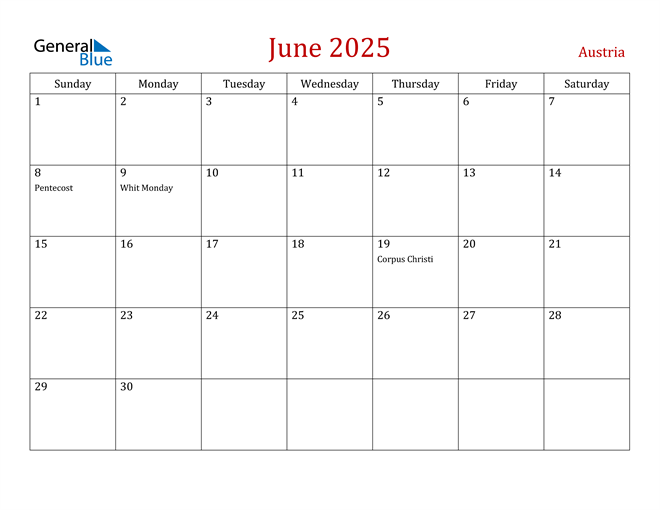 Austria June 2025 Calendar with Holidays