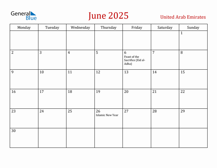 United Arab Emirates June 2025 Calendar - Monday Start