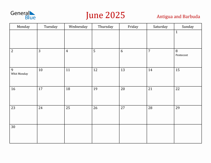 Antigua and Barbuda June 2025 Calendar - Monday Start
