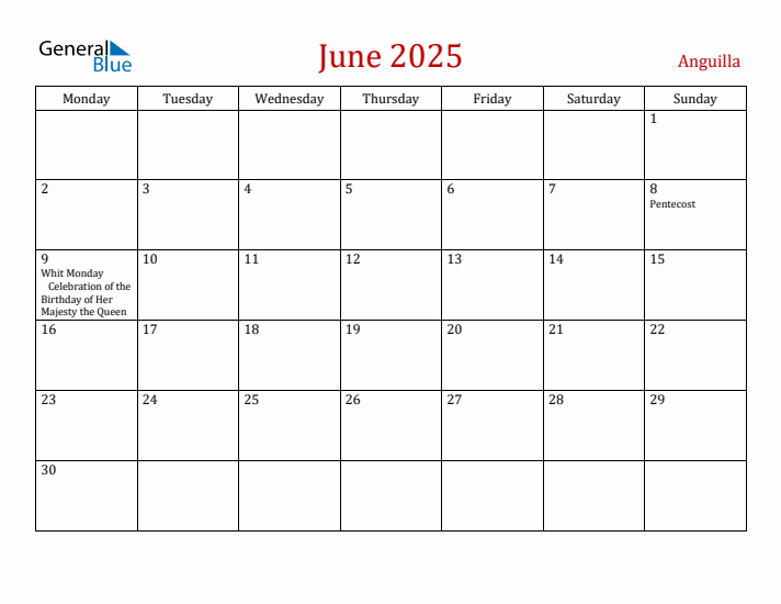 Anguilla June 2025 Calendar - Monday Start