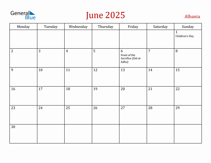Albania June 2025 Calendar - Monday Start