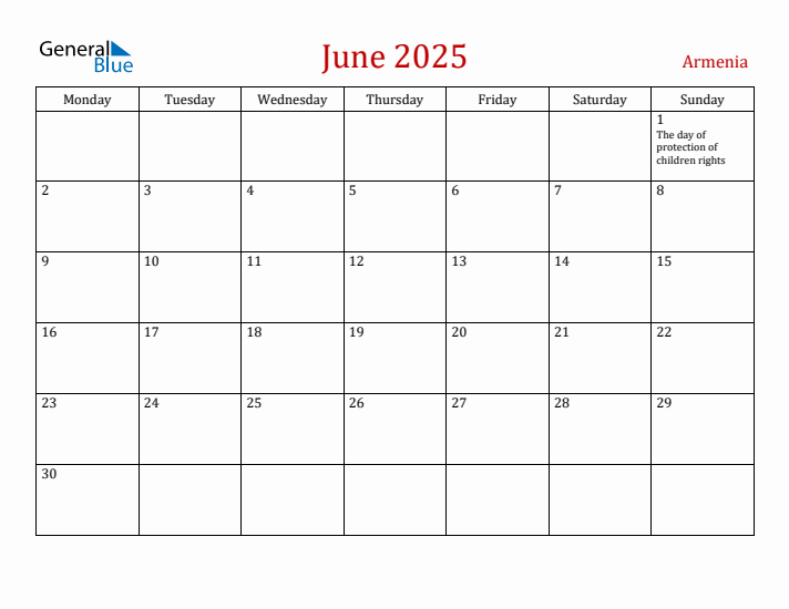 Armenia June 2025 Calendar - Monday Start