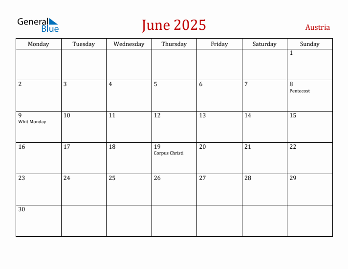 Austria June 2025 Calendar - Monday Start
