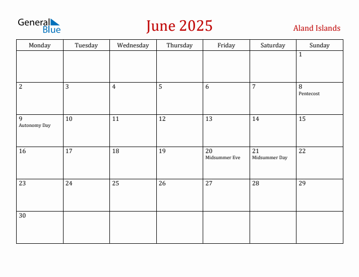 Aland Islands June 2025 Calendar - Monday Start