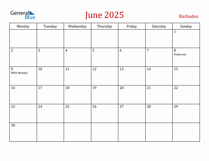 Barbados June 2025 Calendar - Monday Start