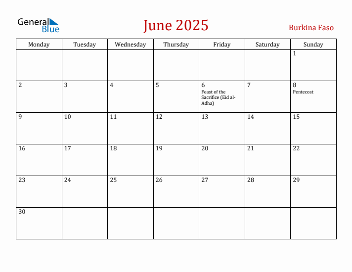 Burkina Faso June 2025 Calendar - Monday Start