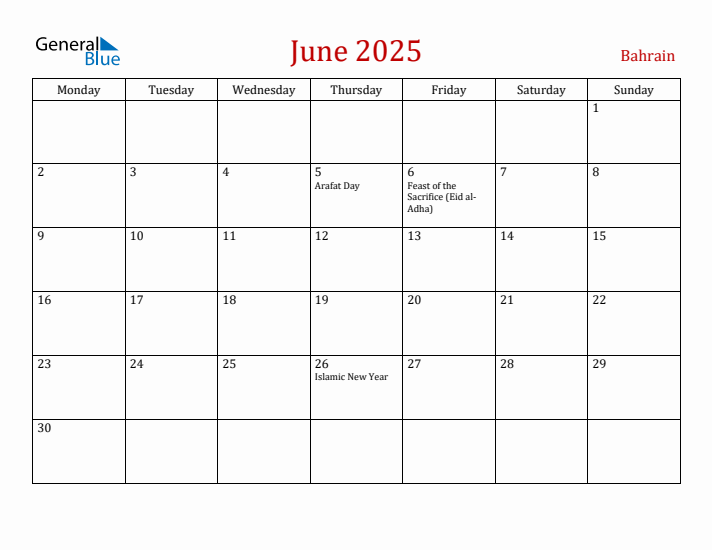 Bahrain June 2025 Calendar - Monday Start
