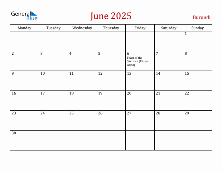 Burundi June 2025 Calendar - Monday Start