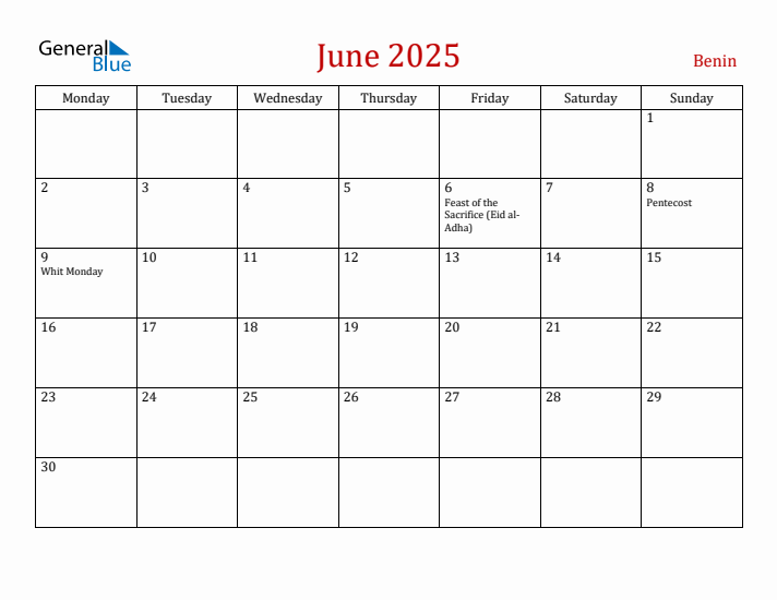 Benin June 2025 Calendar - Monday Start