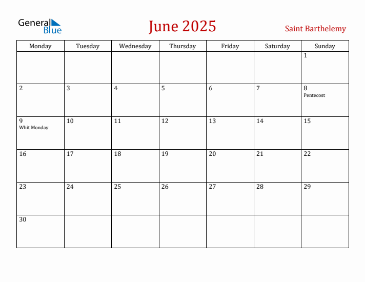 Saint Barthelemy June 2025 Calendar - Monday Start