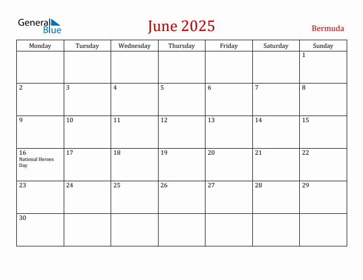 Bermuda June 2025 Calendar - Monday Start