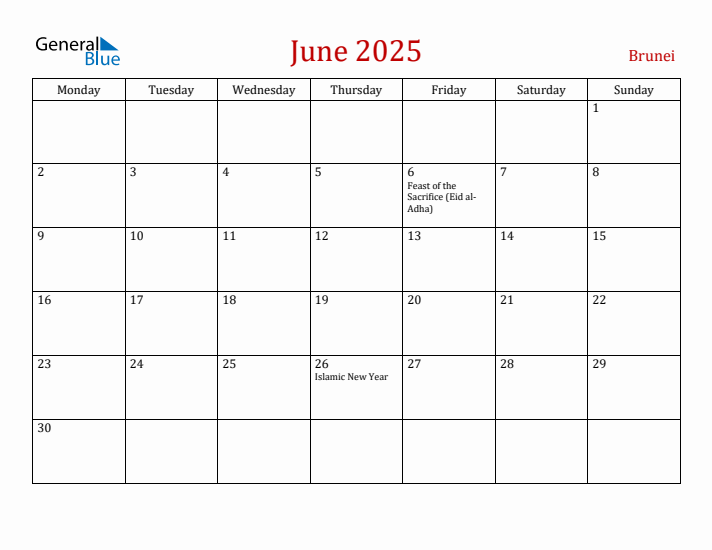 Brunei June 2025 Calendar - Monday Start