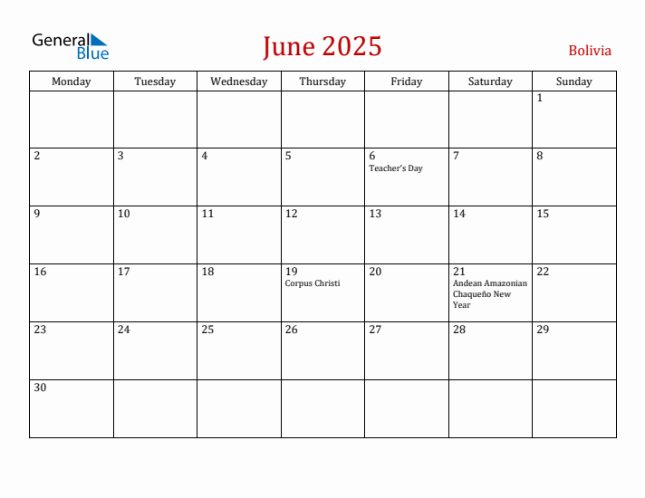 Bolivia June 2025 Calendar - Monday Start