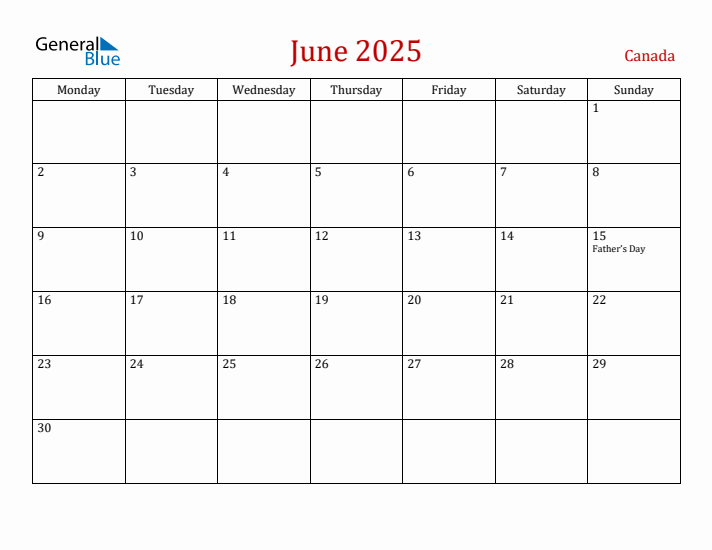 Canada June 2025 Calendar - Monday Start