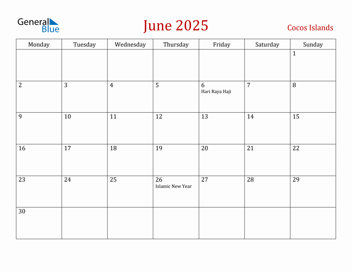 June 2025 Cocos Islands Monthly Calendar with Holidays