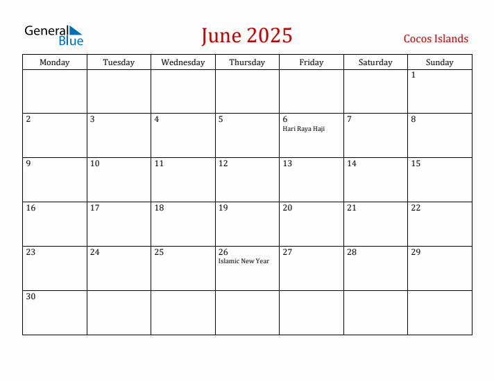 Cocos Islands June 2025 Calendar - Monday Start