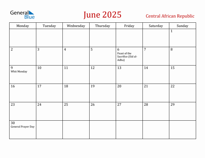 Central African Republic June 2025 Calendar - Monday Start