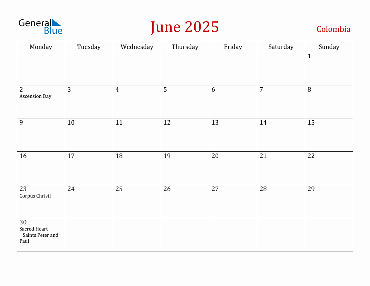 June 2025 Colombia Monthly Calendar with Holidays