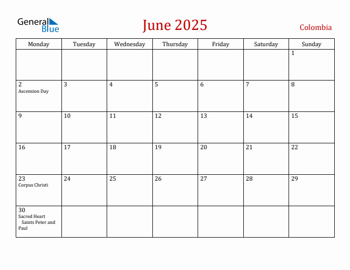 Colombia June 2025 Calendar - Monday Start