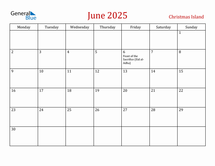 Christmas Island June 2025 Calendar - Monday Start