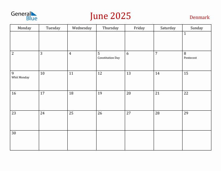 Denmark June 2025 Calendar - Monday Start