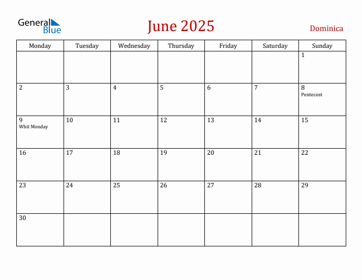 Dominica June 2025 Calendar - Monday Start