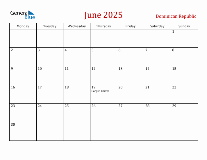 Dominican Republic June 2025 Calendar - Monday Start