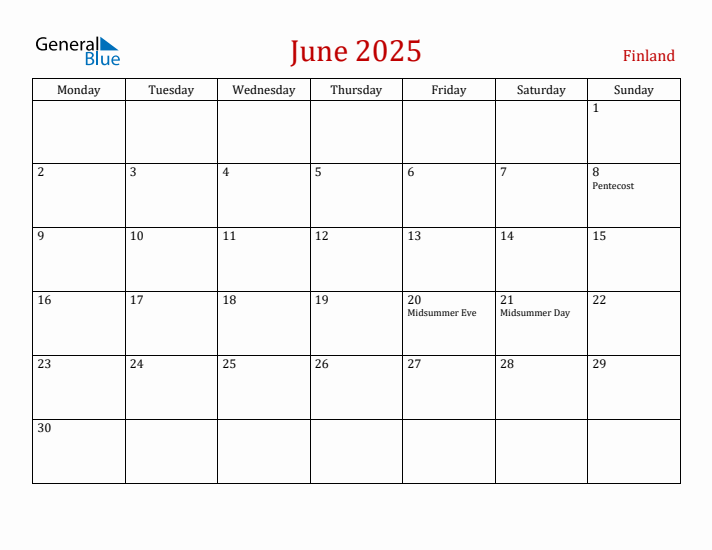 Finland June 2025 Calendar - Monday Start
