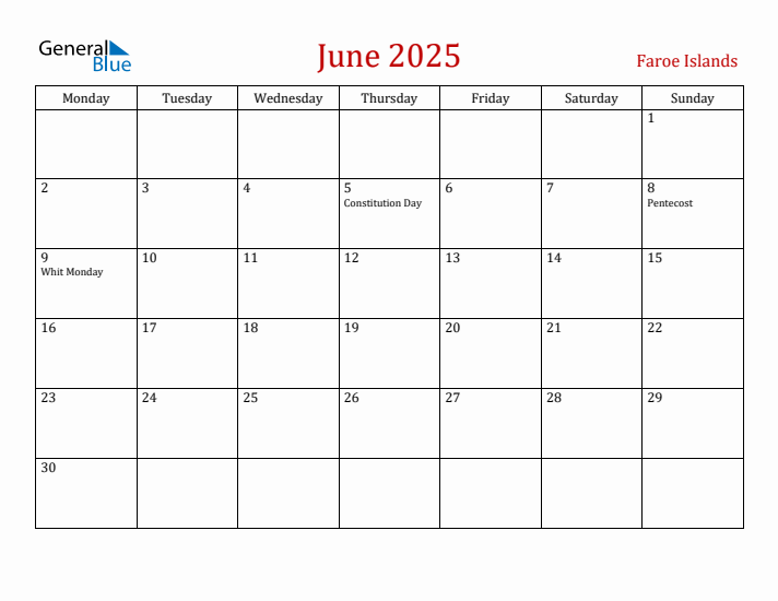 Faroe Islands June 2025 Calendar - Monday Start