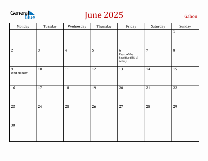 Gabon June 2025 Calendar - Monday Start