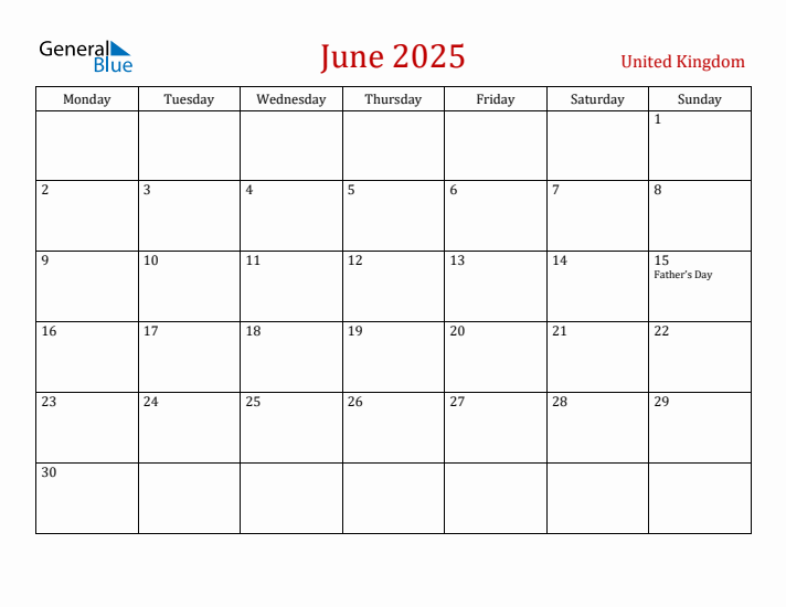 United Kingdom June 2025 Calendar - Monday Start