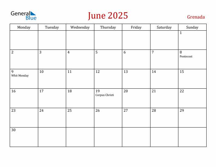 Grenada June 2025 Calendar - Monday Start