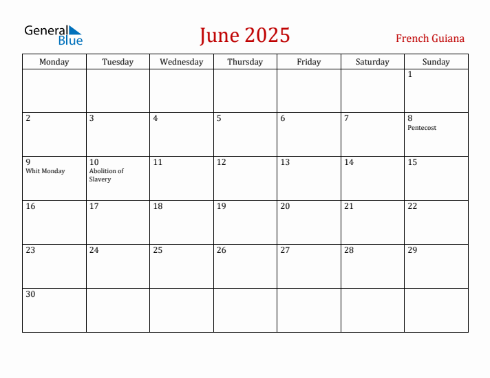 French Guiana June 2025 Calendar - Monday Start